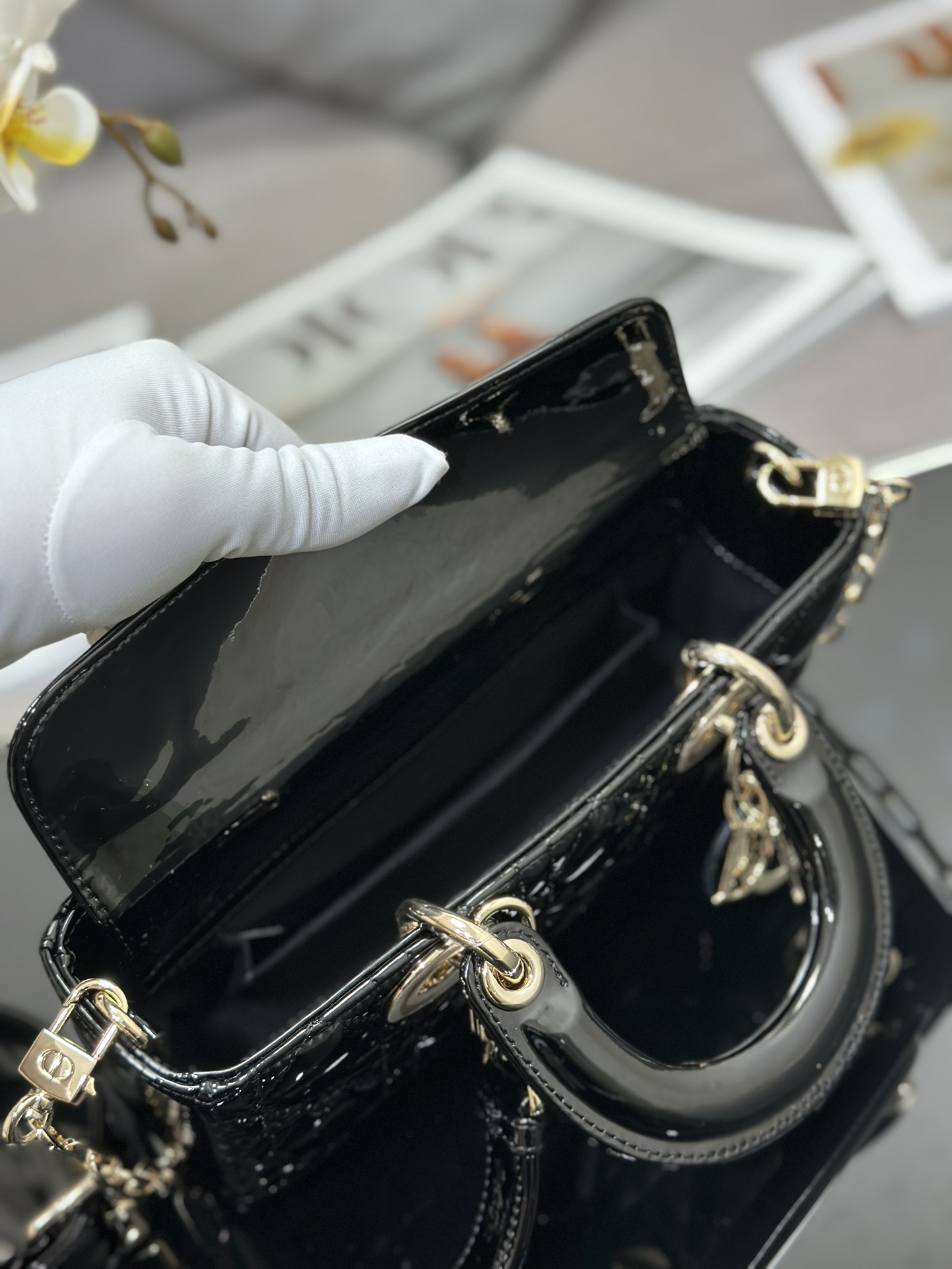 Small Lady D-Joy Bag Black Patent Cannage Calfskin